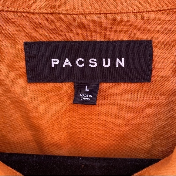 Pacsun Orange Embroidered Logo Linen Blend Short Sleeve Button Camp Shirt Sz L - Picture 5 of 8